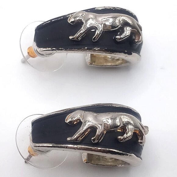 Panther Earrings Black Enamel Silver-Tone Pierced Back Open Half Hoop 1"Earrings - Picture 2 of 11
